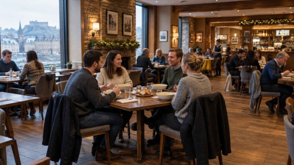 Four friends enjoying Cullen skink in a warmly lit restaurant, with other diners and subtle festive decorations.