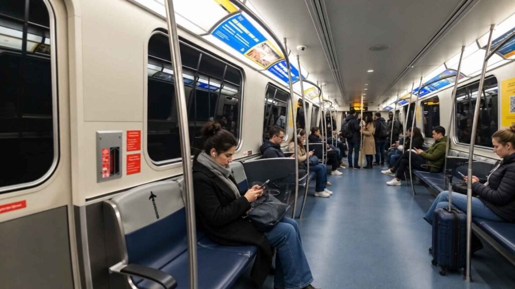 Train interior with blue seats, stainless-steel handrails and passengers with luggage beside a central aisle.