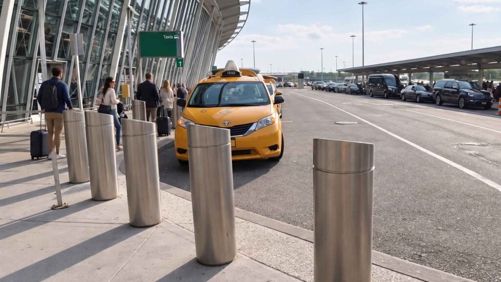 Yellow taxi outside a JFK Airport terminal, beside stainless-steel bollards and a glass façade.