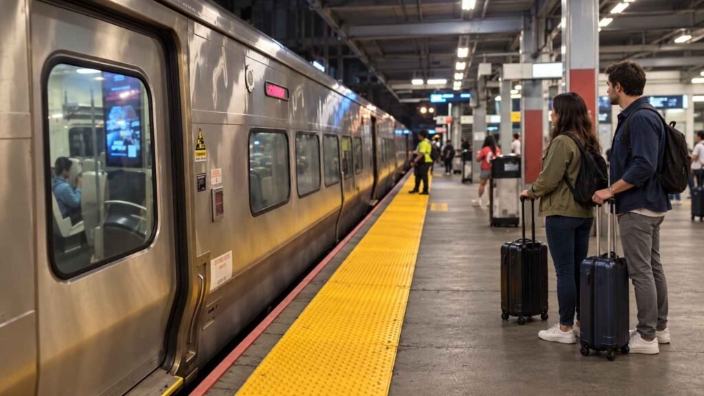 Couple with rolling suitcases waiting behind the yellow platform line beside a commuter train.