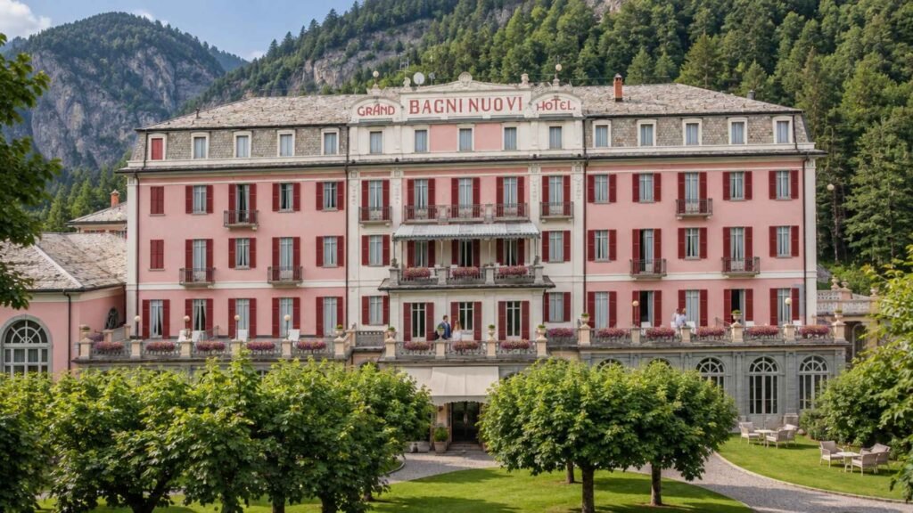 Grand Hotel Bagni Nuovi’s pink façade with red shutters, ornate balconies and rooftop signage against wooded mountain slopes.