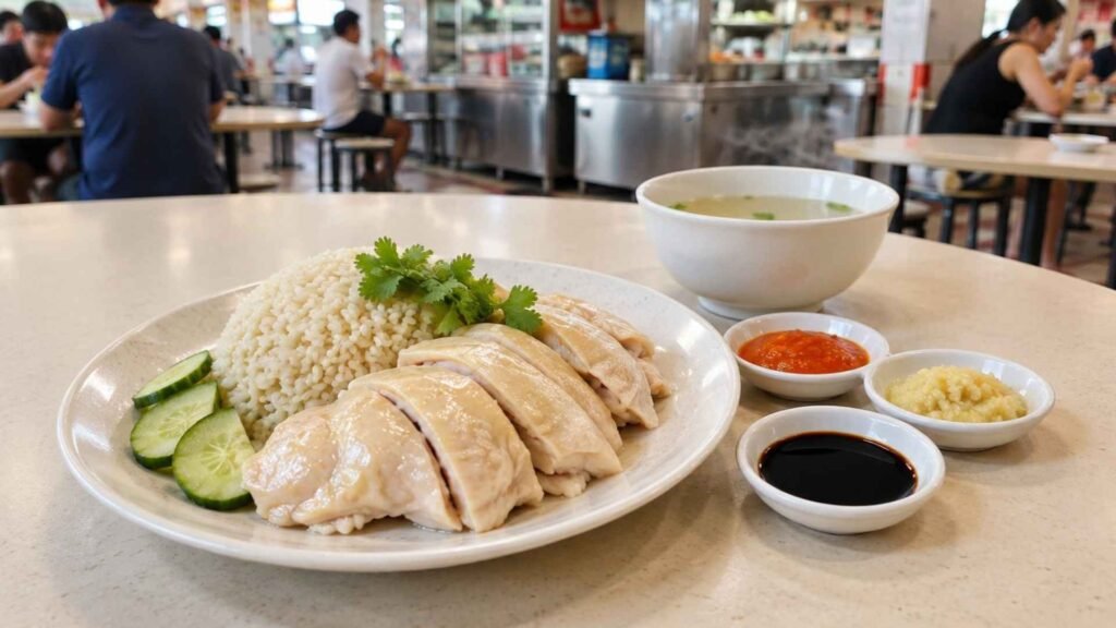 Hainanese chicken rice with chilli, ginger and dark soy sauces at a Singapore hawker centre