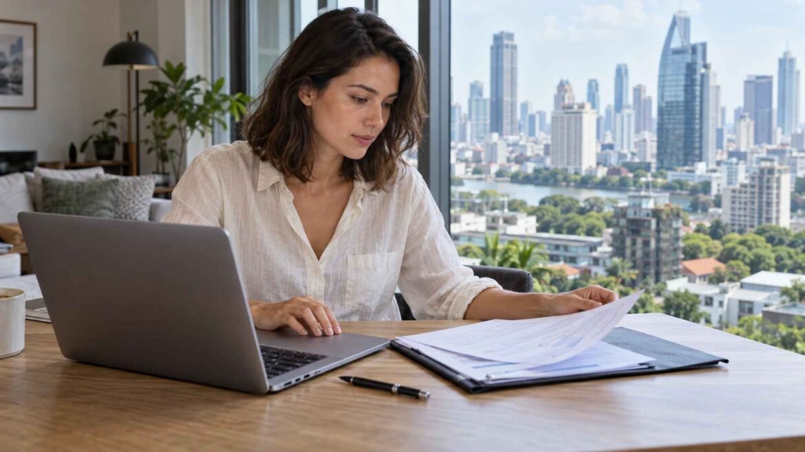 Health insurance in Thailand planning with a woman reviewing documents beside a laptop in a Bangkok apartment.