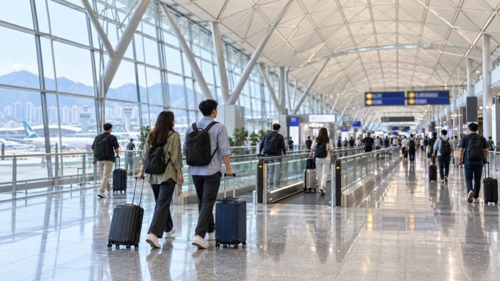 Travellers with cabin luggage walking beside a moving walkway in a bright airport terminal corridor.