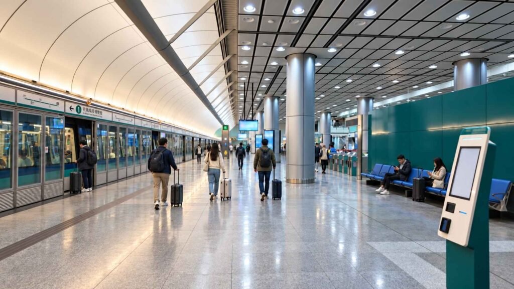 Travellers with suitcases beside an Airport Express train at Hong Kong International Airport.