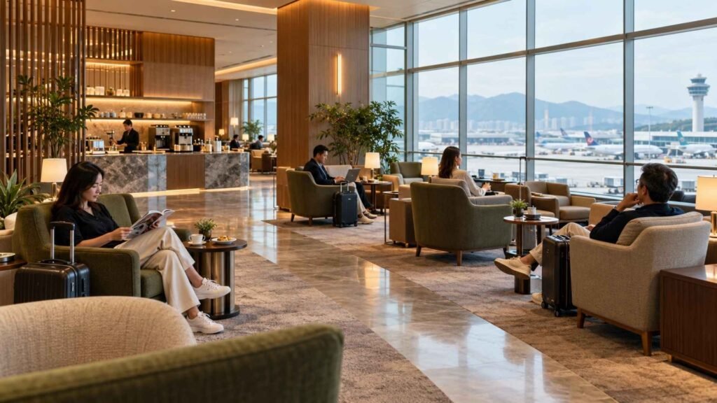 Travellers relaxing in an airport lounge with comfortable armchairs, cabin luggage and views of aircraft through large windows.