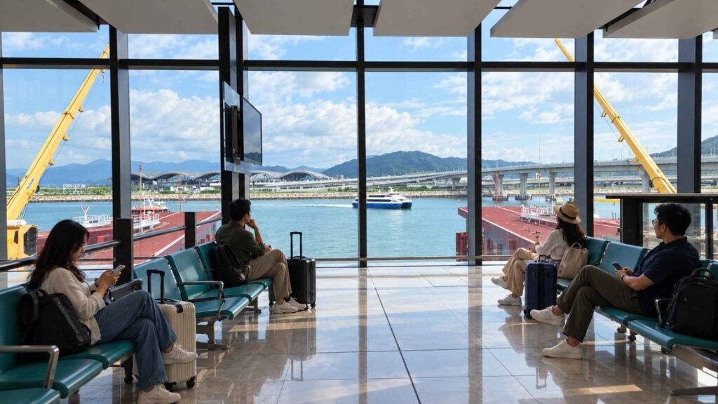 Travellers with suitcases seated in a waterfront terminal, with a passenger ferry visible through large windows.