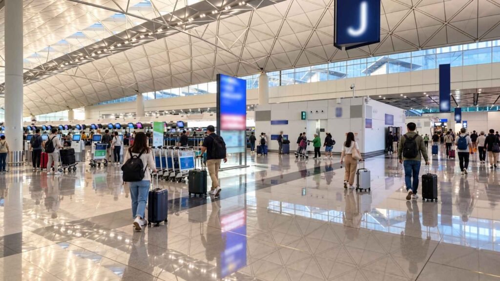 Travellers with rolling suitcases in the Terminal 1 check-in hall at Hong Kong International Airport.