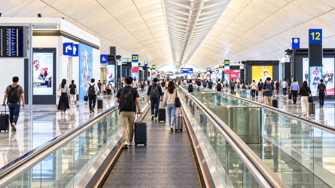 Hong Kong International Airport terminal with travellers, moving walkways and a sweeping vaulted ceiling.