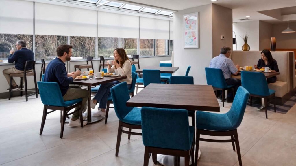 Guests having breakfast in a bright hotel dining area with blue chairs and large windows.