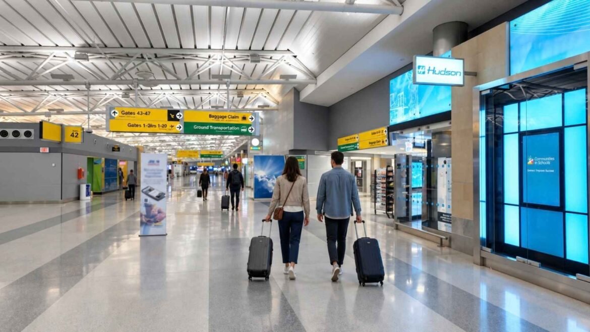 JFK Airport Arrival guide illustration showing a couple walking with suitcases beneath terminal wayfinding signs.