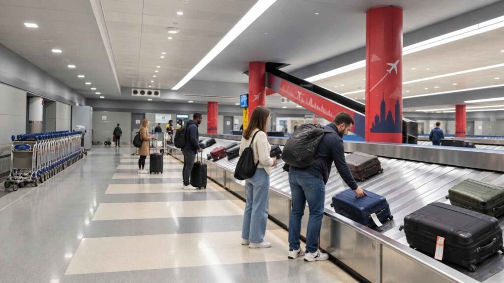 Travellers waiting beside a baggage carousel with suitcases in a JFK Airport baggage reclaim hall.