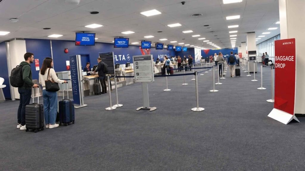 JFK Airport baggage drop area with travellers holding suitcases beside queue barriers and airline service counters.