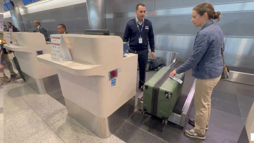Woman placing a suitcase on an airport baggage belt beside an airline agent for a connecting flight.