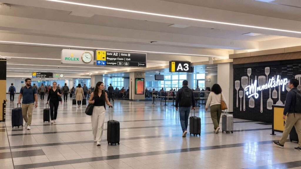 JFK Airport concourse with travellers carrying cabin luggage beneath signs for baggage claim and the exit.