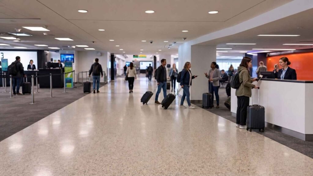 Traveller with a cabin suitcase speaking to an airline agent at a service desk in a busy airport terminal.