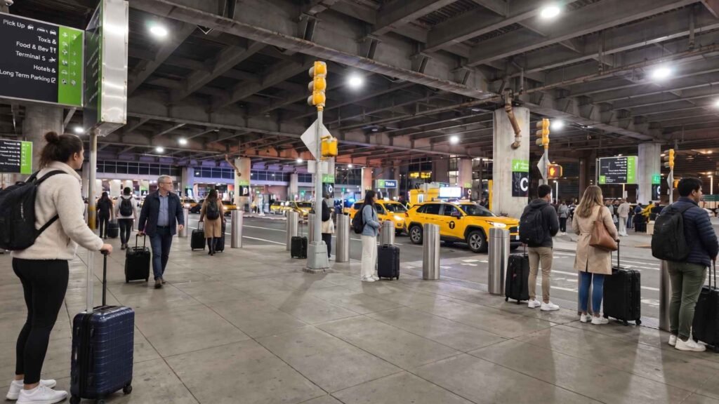 Travellers with luggage beside yellow taxis under the covered terminal frontage at JFK Airport.