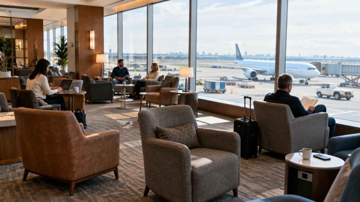 JFK Airport lounges illustration showing comfortable seating, travellers and an aircraft beyond panoramic windows.