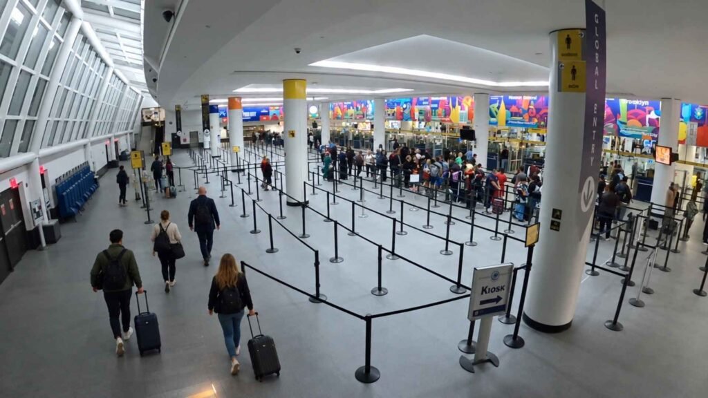 Travellers walking through queue lanes towards passport-control counters in a JFK Airport arrival hall.