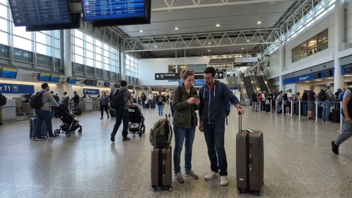 JFK Airport Self-Transfer travellers checking a phone beside their suitcases at an AirTrain station.