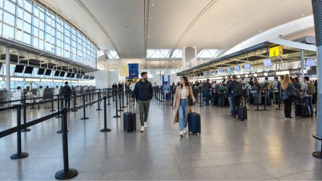 JFK Airport check-in hall with passengers, queue barriers and counters beneath a curved ceiling beside large windows.