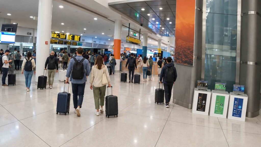 Travellers with suitcases walking through a JFK Airport terminal beneath overhead information signs.