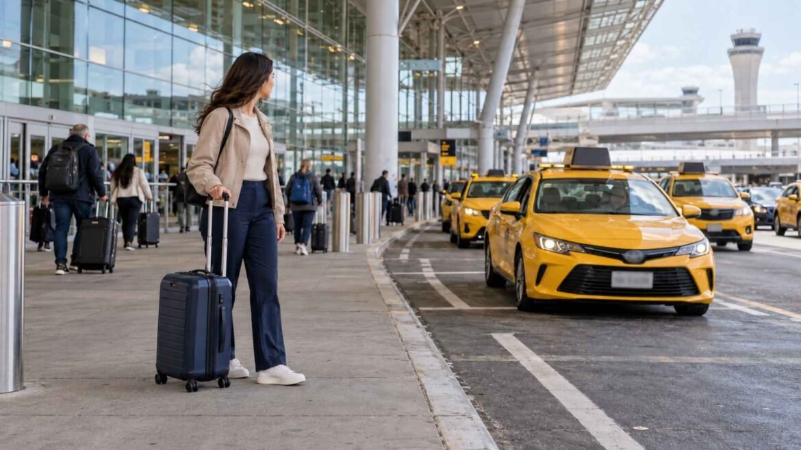 JFK Airport to Manhattan travel illustration showing a traveller with a suitcase beside yellow taxis outside an airport terminal.