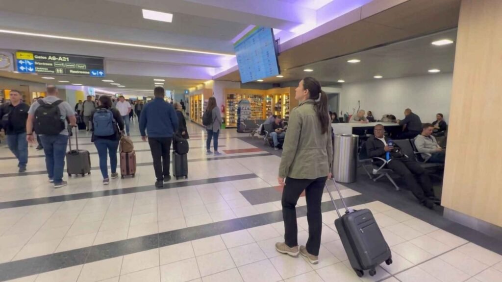 Traveller checking a flight information screen at JFK Airport with a cabin suitcase beside her.