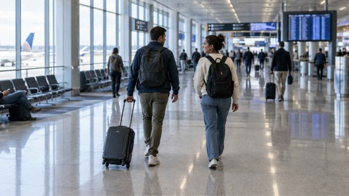 JFK Airport Transit travellers walking through a terminal concourse with cabin luggage towards connecting flights.