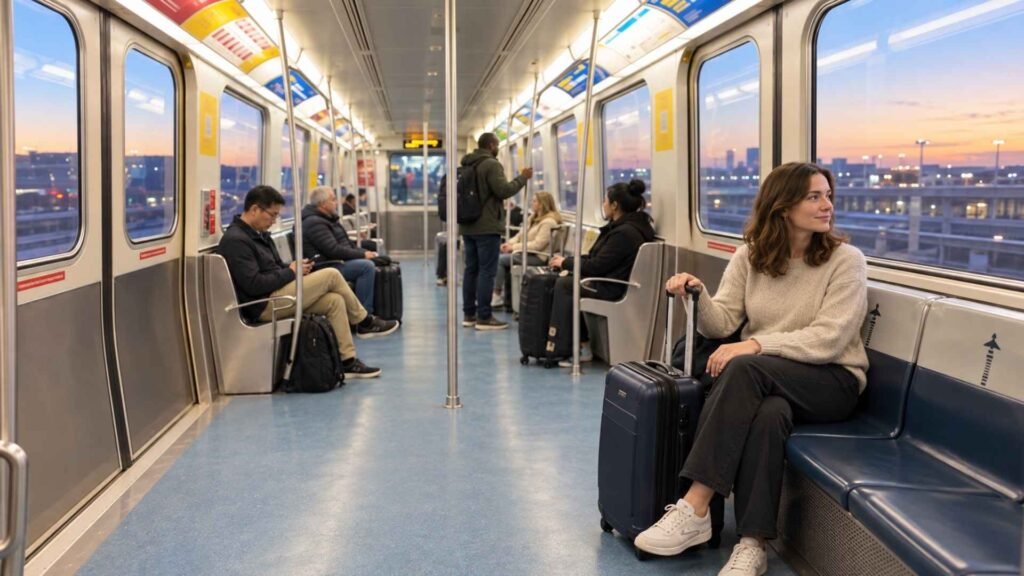Young woman seated on a navy AirTrain bench with a suitcase beside her and other passengers along the carriage.