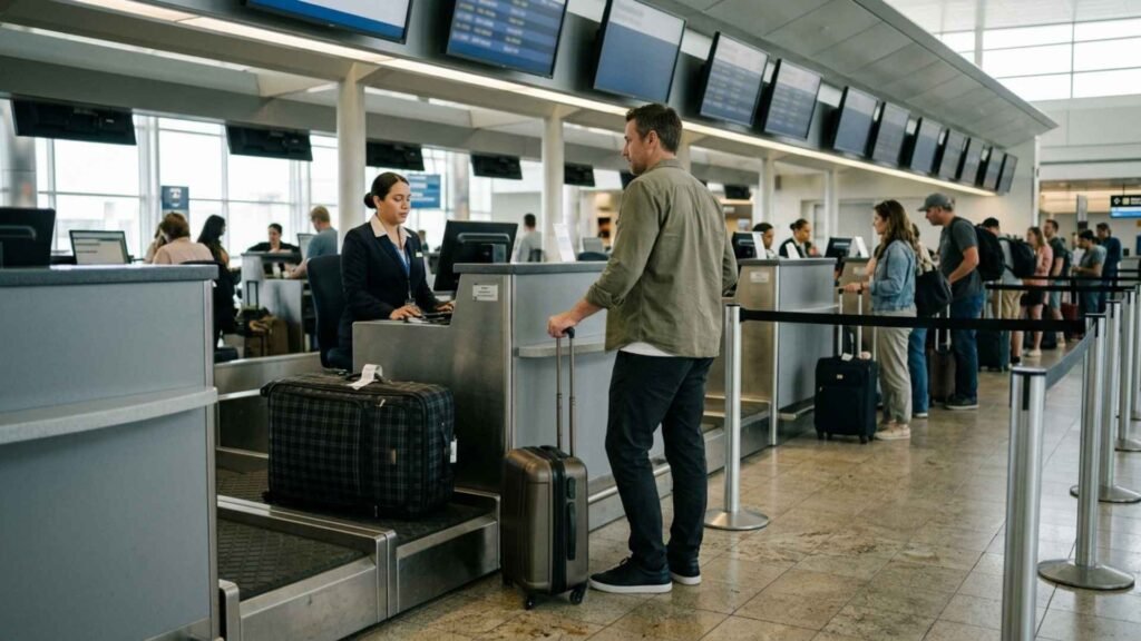 Traveller at an airline check-in counter with a suitcase on the baggage scale during a JFK self-transfer.