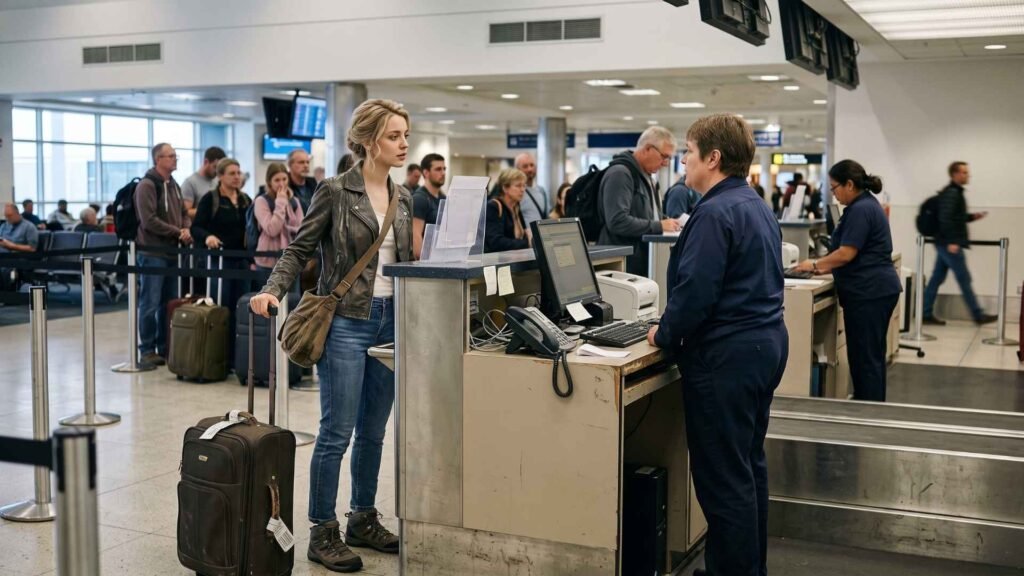 Traveller with a suitcase speaking to an airline agent at a customer service desk about onward flight options.