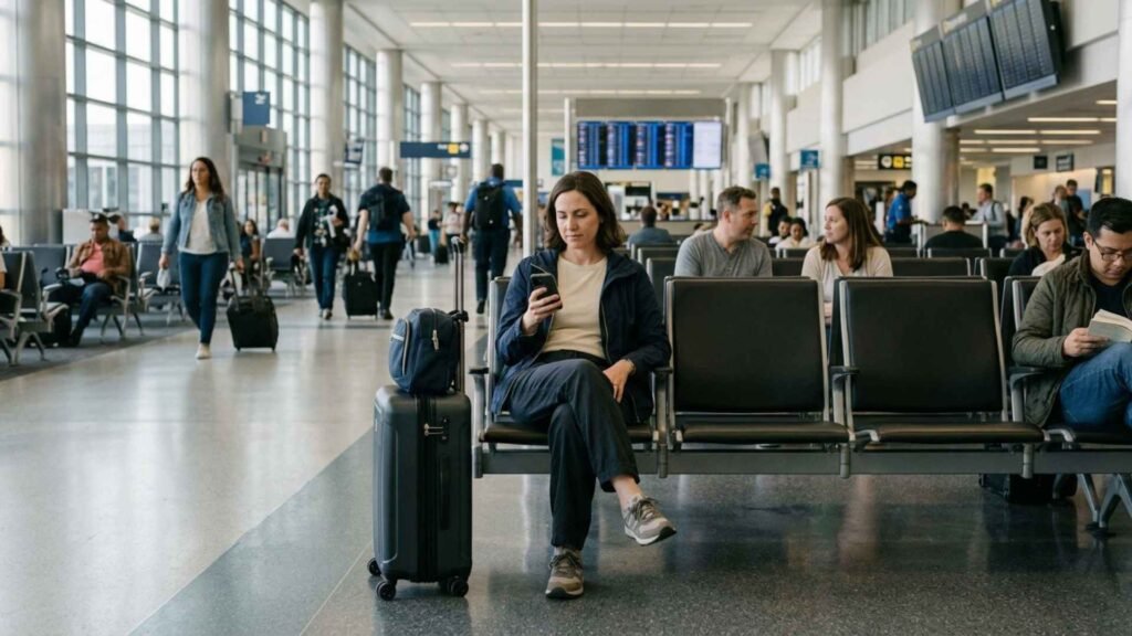 Traveller checking her phone with a suitcase beside her seat while planning a self-transfer at JFK Airport.