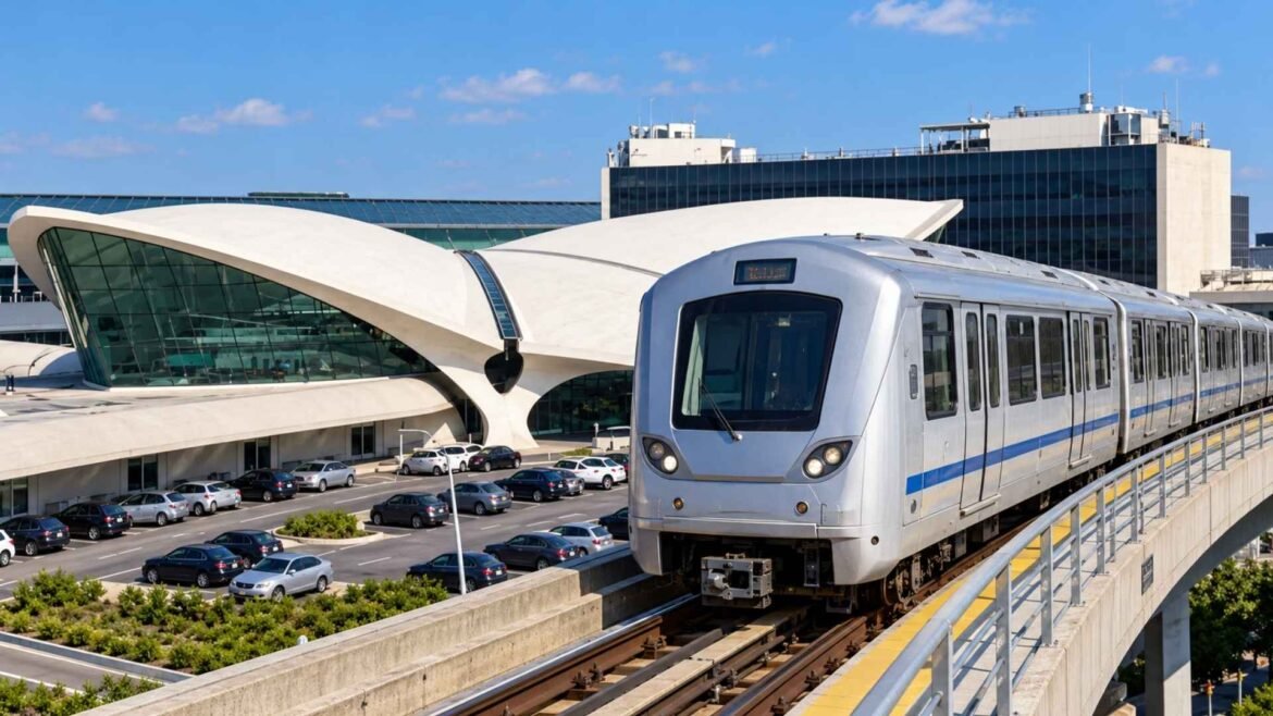 JFK Terminal Transfer illustration showing a silver AirTrain on an elevated track beside the historic TWA terminal building.