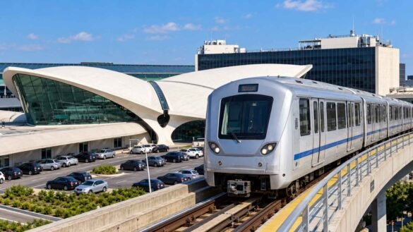 JFK Terminal Transfer illustration showing a silver AirTrain on an elevated track beside the historic TWA terminal building.