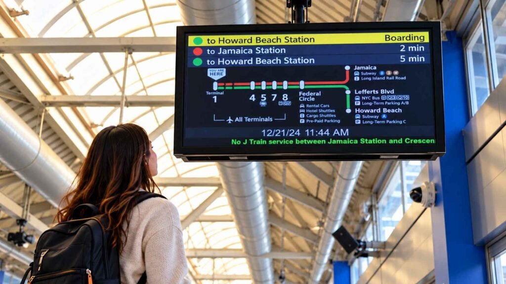 Traveller looking at an AirTrain information screen showing terminal stops and directions to Jamaica and Howard Beach.