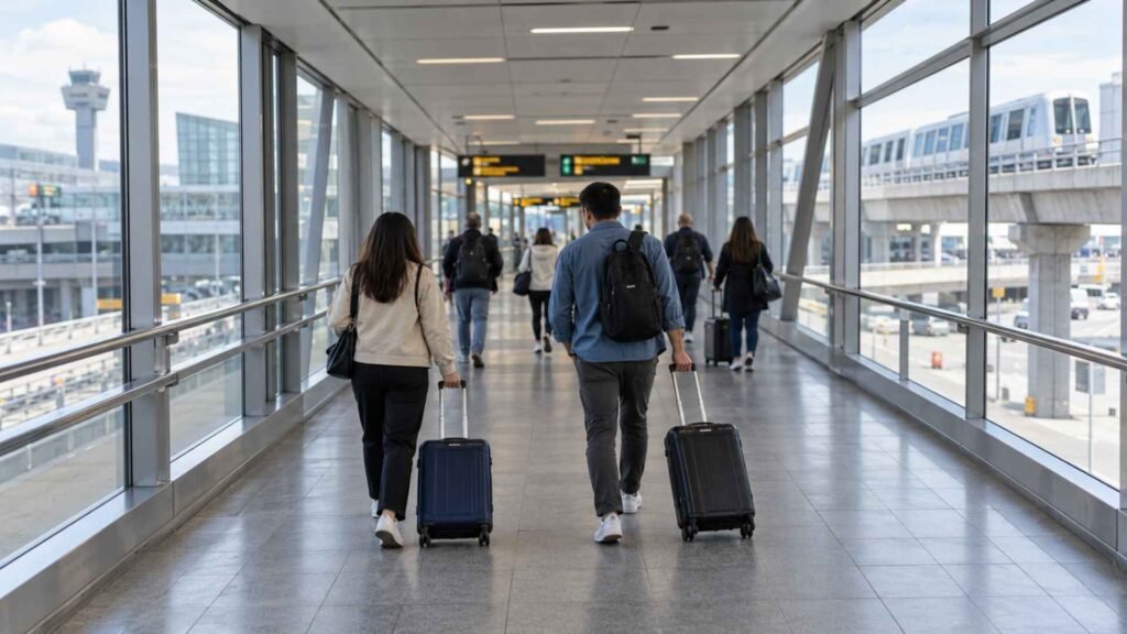 Travellers pulling suitcases through a glass-sided airport walkway, with an elevated train visible outside.