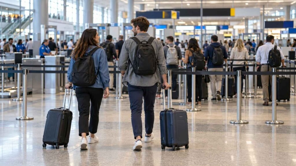 Couple with backpacks and rolling suitcases approaching an airport security queue in the departures hall.