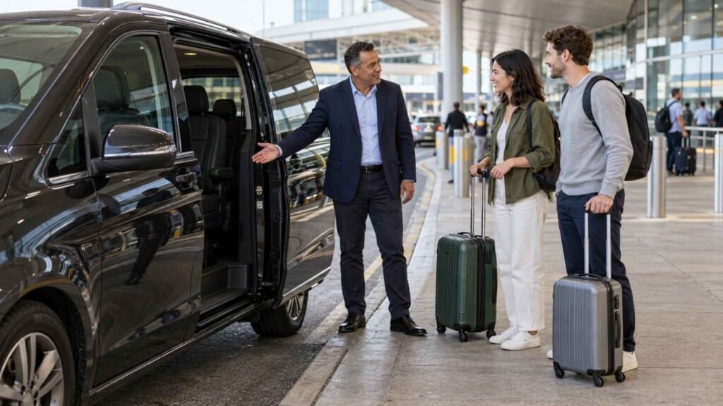 Driver welcoming a couple with rolling suitcases beside a dark passenger van with its sliding door open.