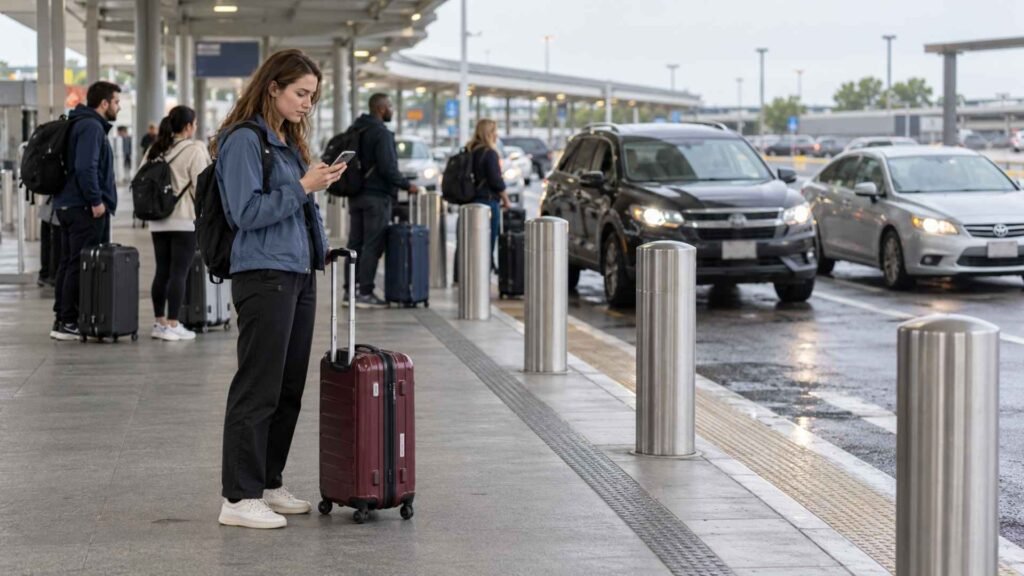 Woman checking her phone beside a burgundy suitcase while waiting at an airport car pickup area.