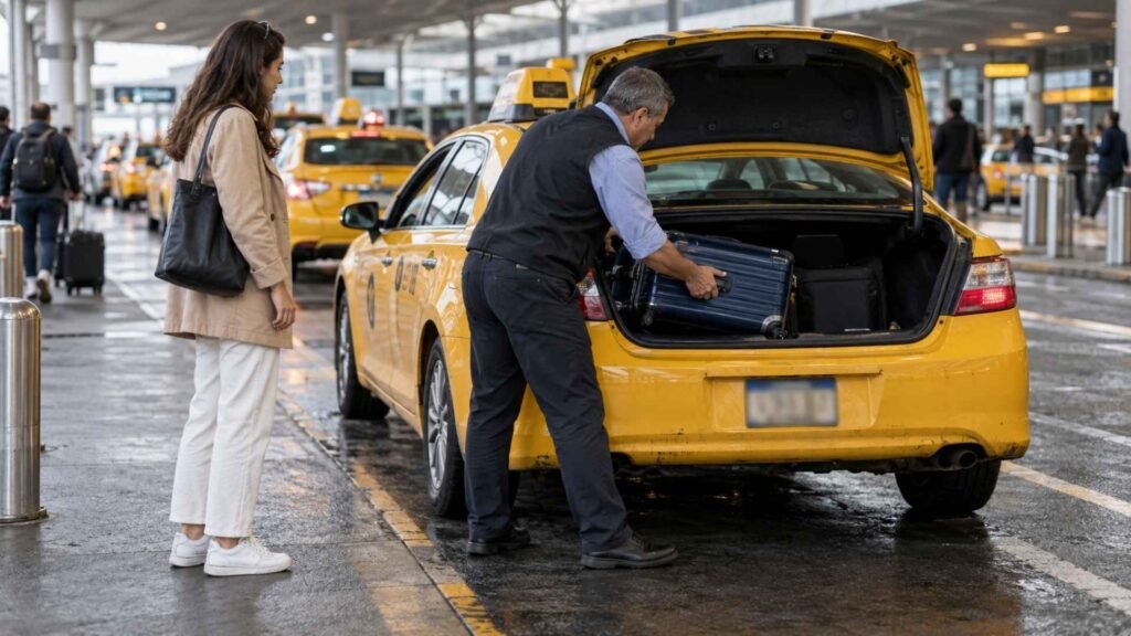 Driver loading a navy suitcase into the open boot of a yellow taxi while a woman waits beside the car.