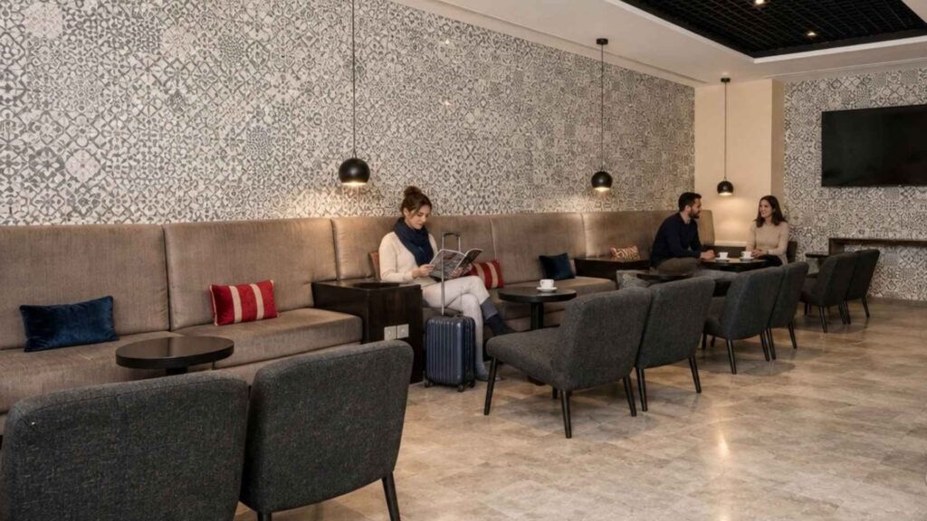 Travellers relaxing in a marhaba Lounge seating area with patterned walls, grey armchairs and a long taupe banquette.