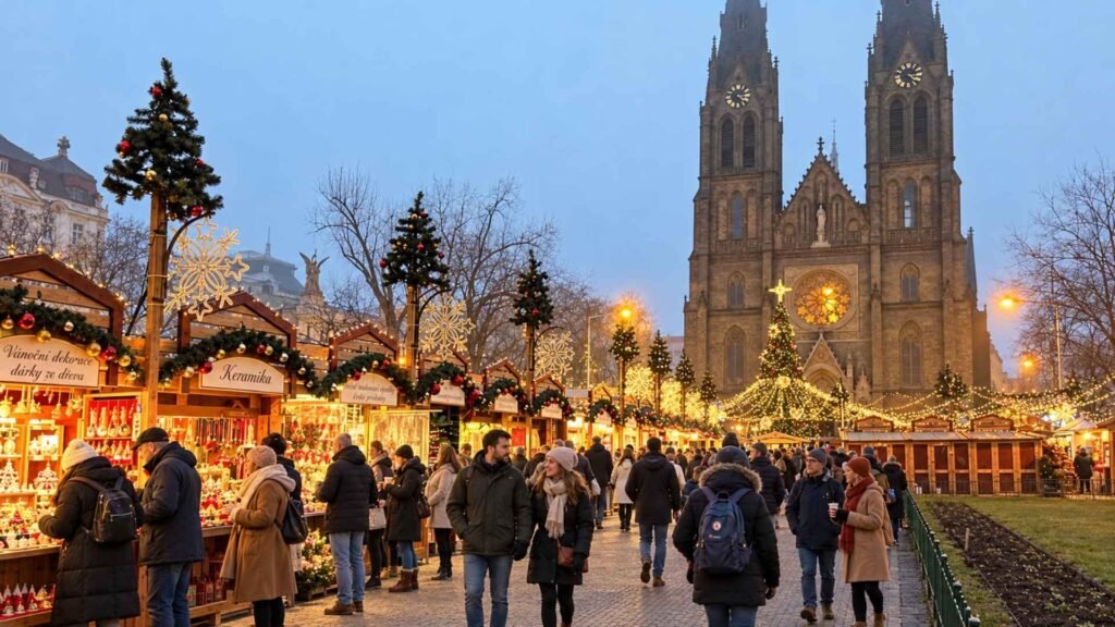 Náměstí Míru Christmas market with illuminated wooden stalls, visitors and St Ludmila’s Church in the background.