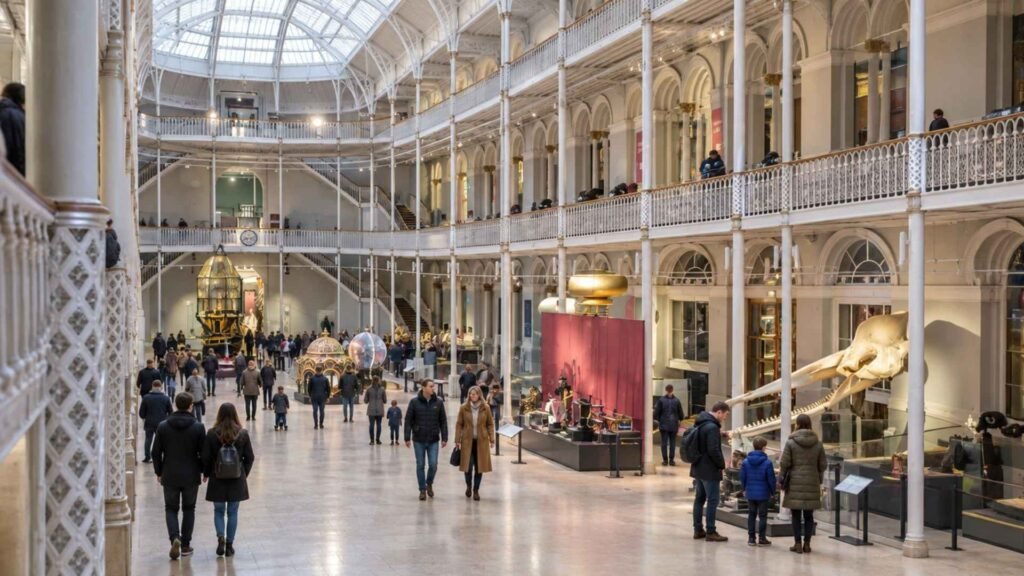 Visitors exploring the bright Grand Gallery at the National Museum of Scotland, with ornate balconies and a high glazed roof.