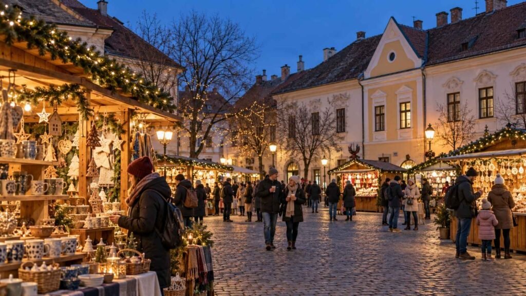 Illustration inspired by Óbuda Advent, showing Christmas craft stalls and visitors in a historic square at dusk.