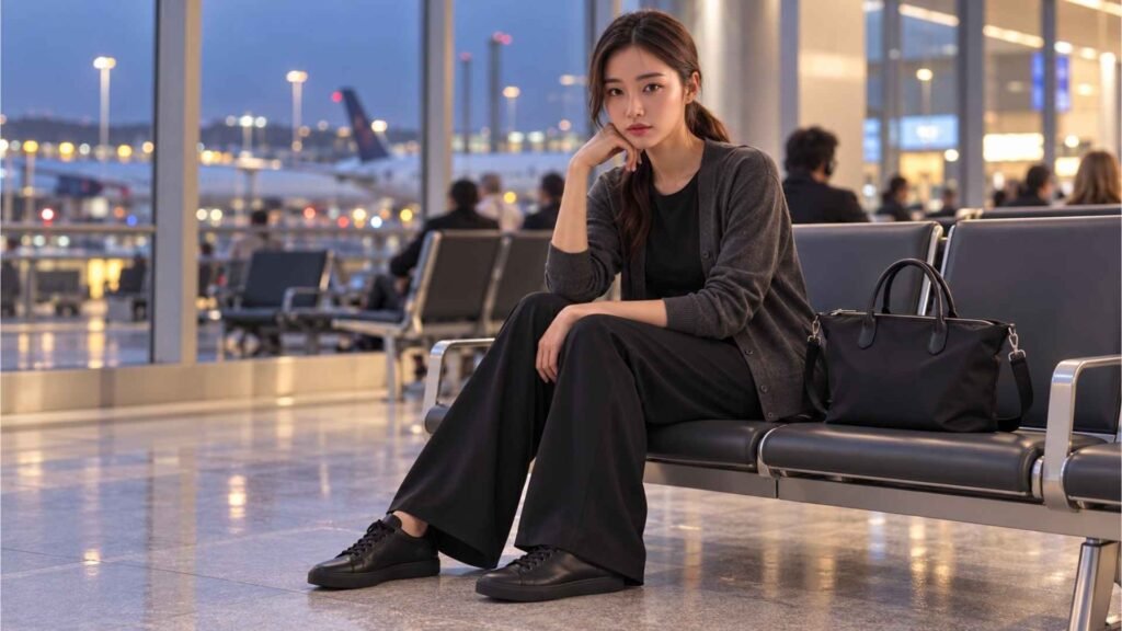 Long-haul airport outfit for women with black wide-leg trousers, a charcoal cardigan and black sneakers.
