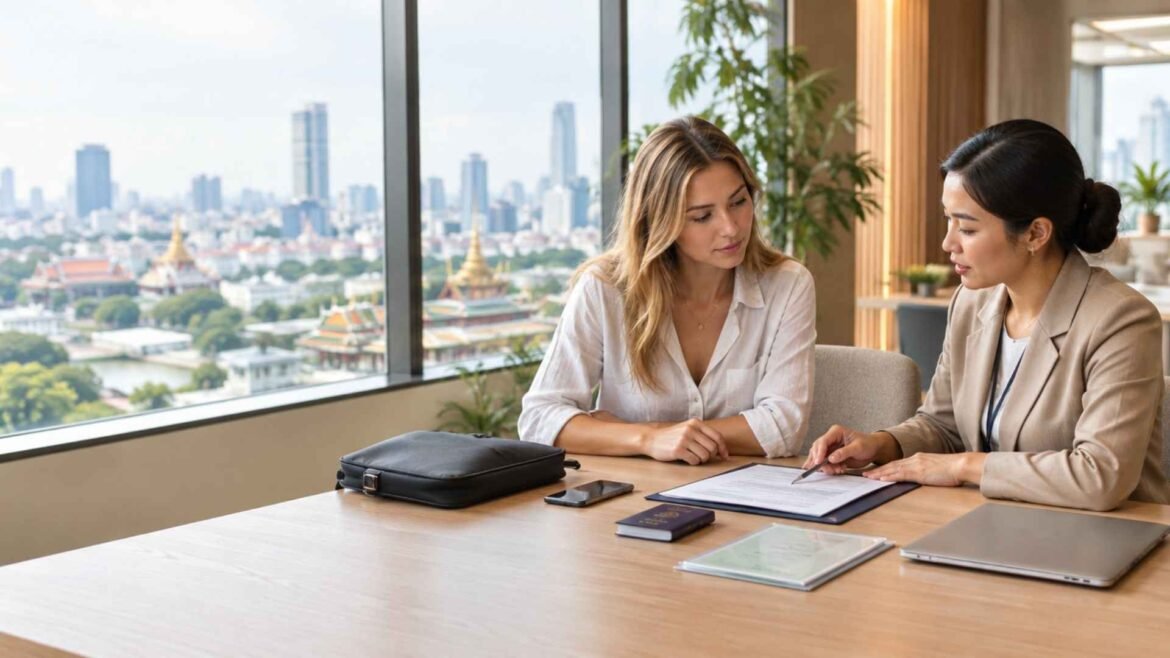 Open a bank account in Thailand as a foreigner during an in-person consultation at a modern Thai bank