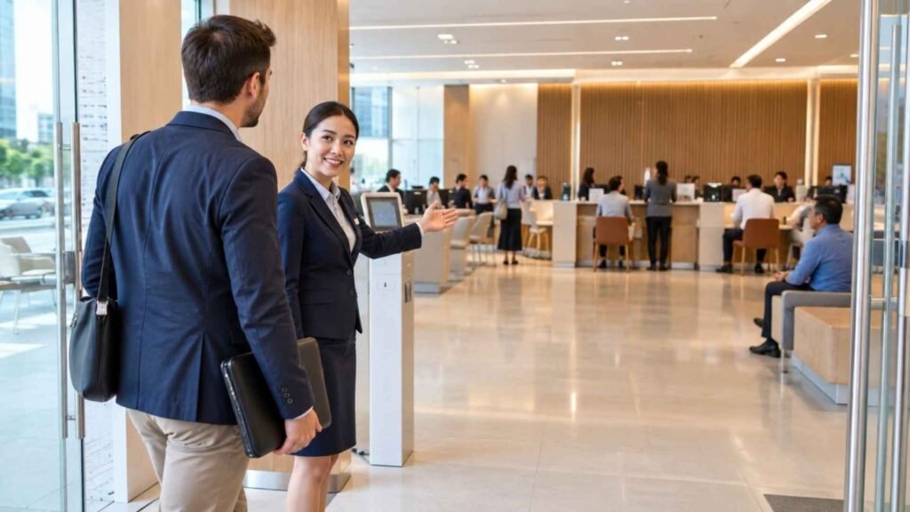 Foreign applicant receiving directions after entering a modern Thai bank branch in Bangkok