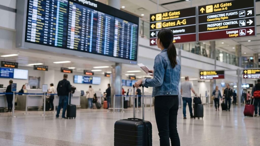 Traveler with a carry-on suitcase checking connecting flights on a large terminal departure board.