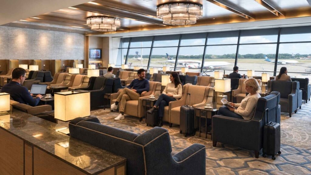 Plaza Premium Lounge at Changi Terminal 1 with upholstered seating, warm table lamps and airport apron views.